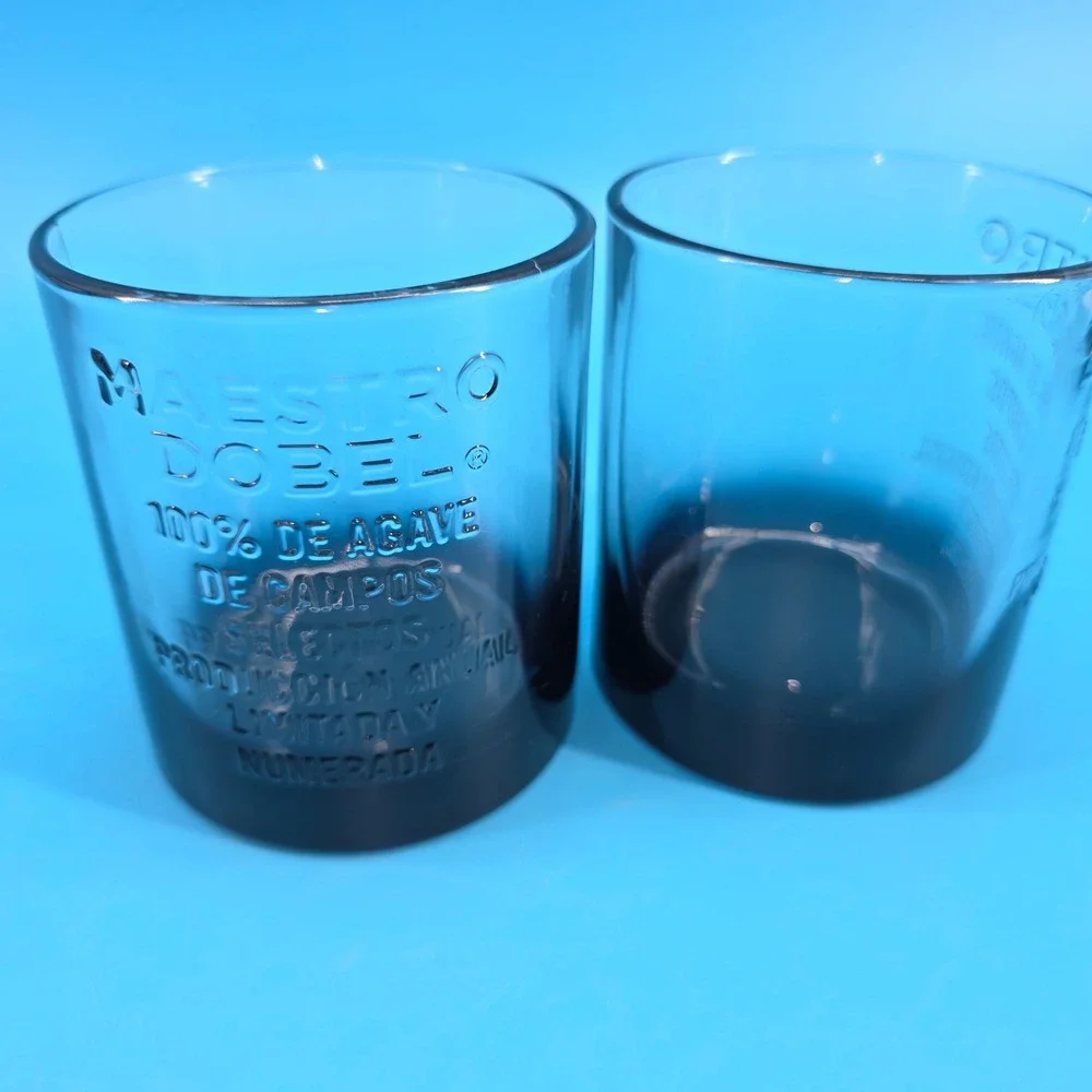 Maestro Dobel Tequila Rocks Glasses Set of 2 Smoky‎ Blue Grey Embossed Agave